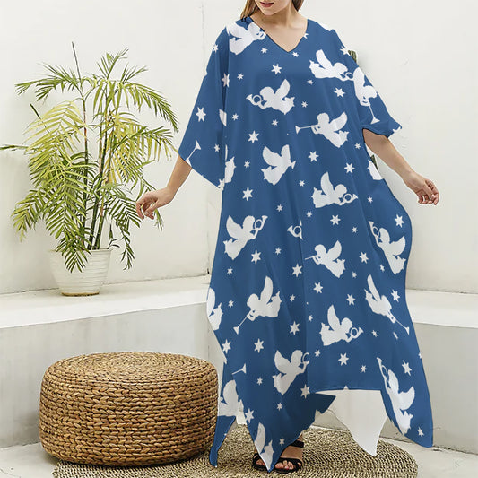 Blue And White Angel Pattern Print Silk V-Neck Kaftan Dress