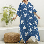 Blue And White Angel Pattern Print Silk V-Neck Kaftan Dress