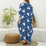 Blue And White Angel Pattern Print Silk V-Neck Kaftan Dress