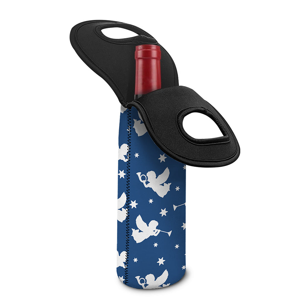 Blue And White Angel Pattern Print Single Neoprene Wine Tote