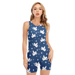 Blue And White Angel Pattern Print Sleeveless One Piece Swimsuit