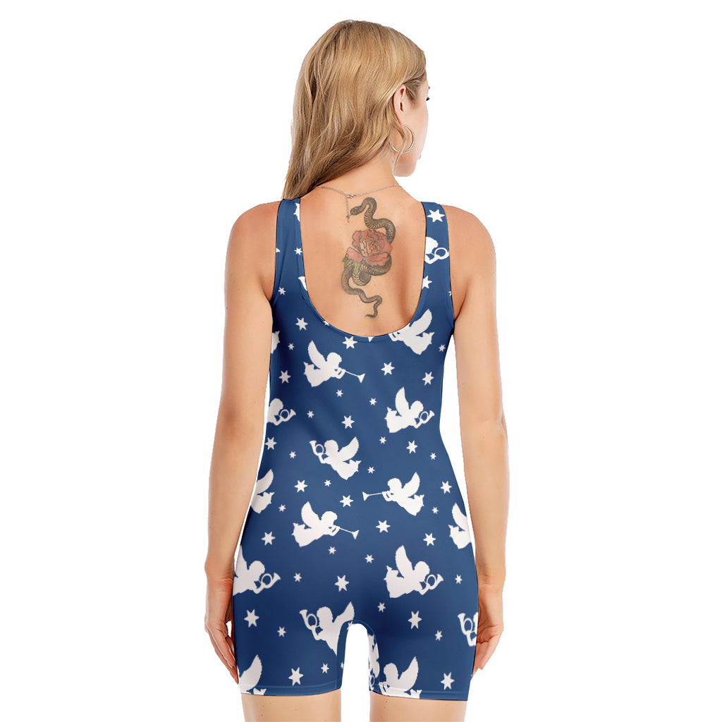 Blue And White Angel Pattern Print Sleeveless One Piece Swimsuit