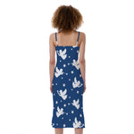 Blue And White Angel Pattern Print Slim Fit Midi Cami Dress