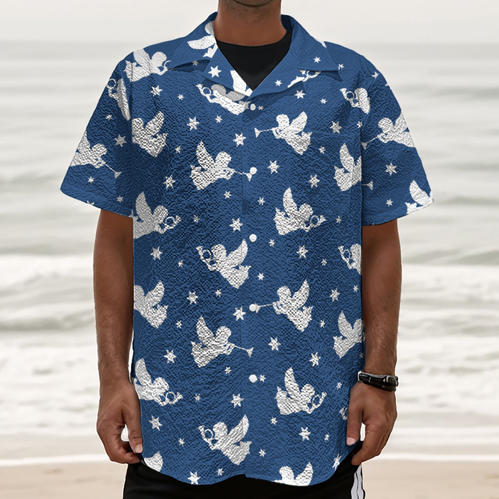 Blue And White Angel Pattern Print Textured Short Sleeve Shirt