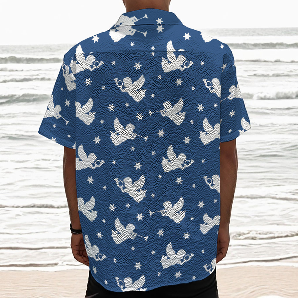 Blue And White Angel Pattern Print Textured Short Sleeve Shirt