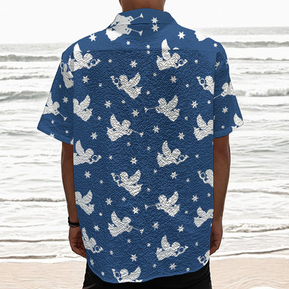 Blue And White Angel Pattern Print Textured Short Sleeve Shirt