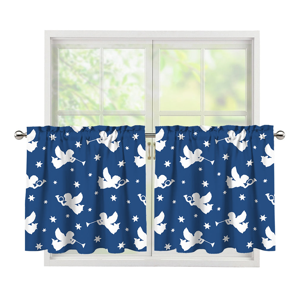Blue And White Angel Pattern Print Tier Curtains