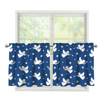 Blue And White Angel Pattern Print Tier Curtains