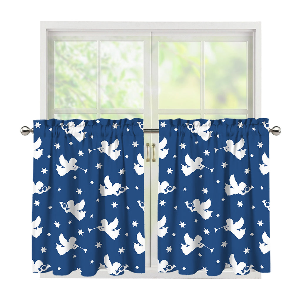 Blue And White Angel Pattern Print Tier Curtains