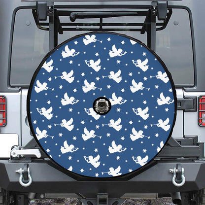 Blue And White Angel Pattern Print Tire Cover With Camera Hole