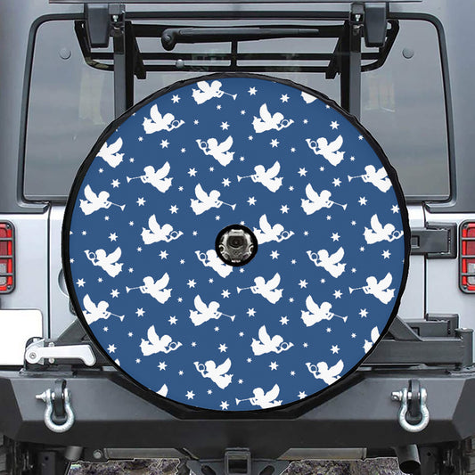 Blue And White Angel Pattern Print Tire Cover With Camera Hole