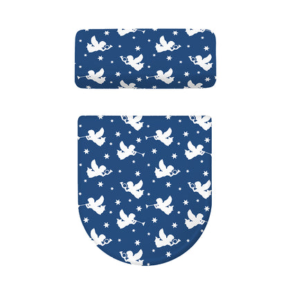 Blue And White Angel Pattern Print Toilet Lid And Tank Cover Set
