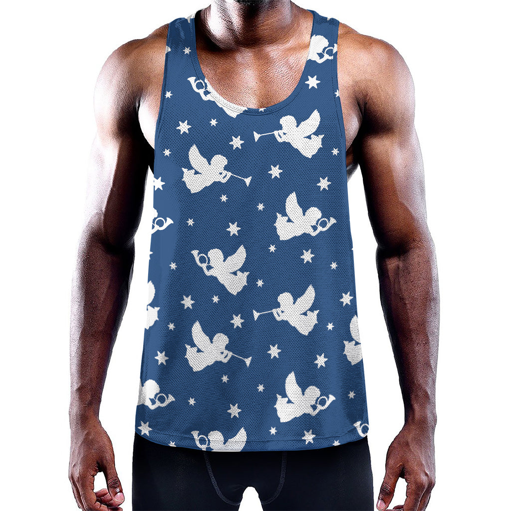 Blue And White Angel Pattern Print Training Tank Top