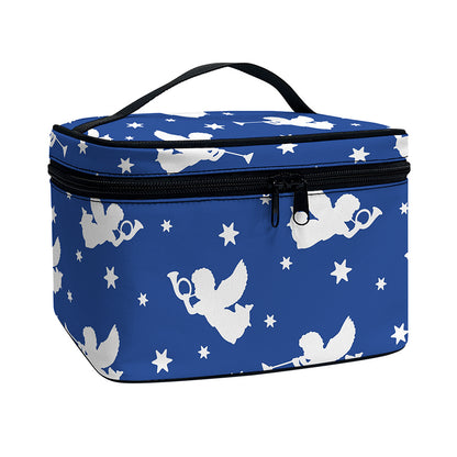 Blue And White Angel Pattern Print Travel Makeup Bag
