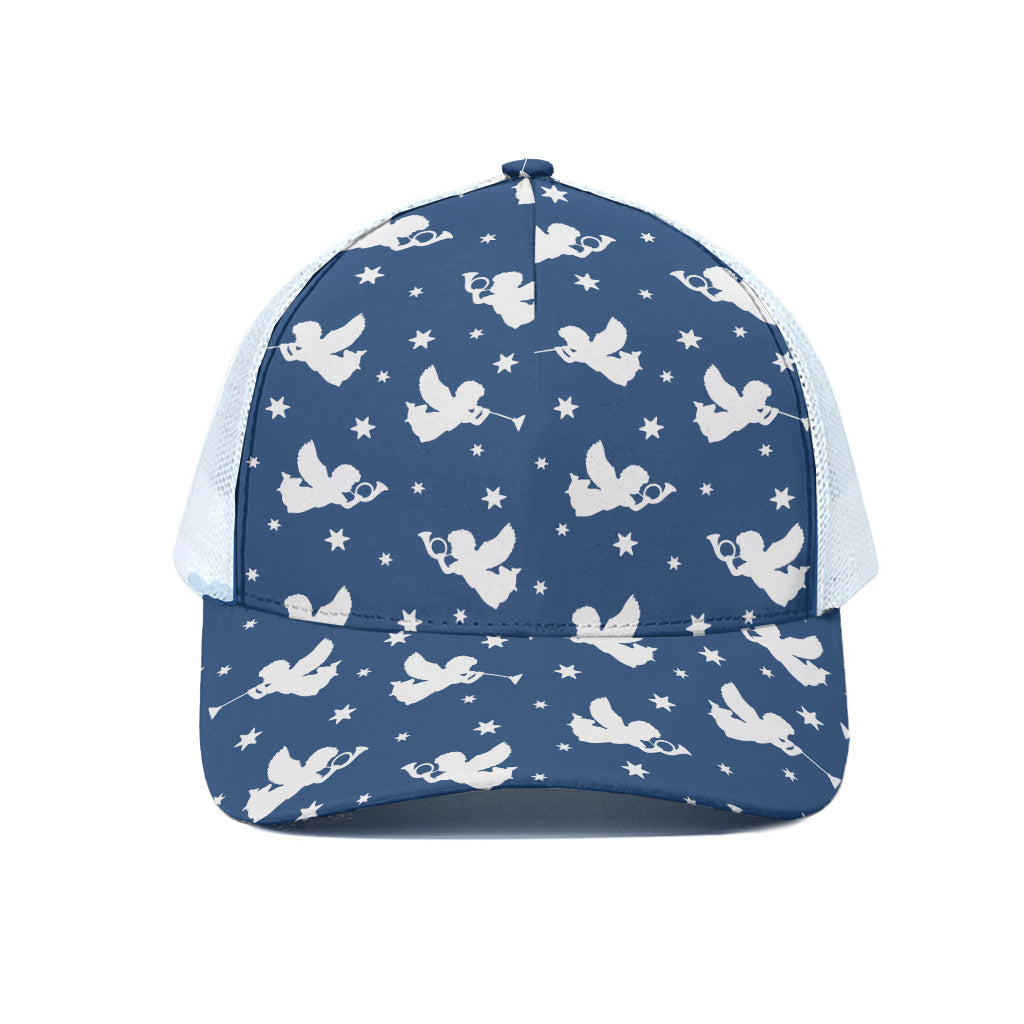 Blue And White Angel Pattern Print White Mesh Trucker Cap