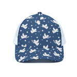 Blue And White Angel Pattern Print White Mesh Trucker Cap