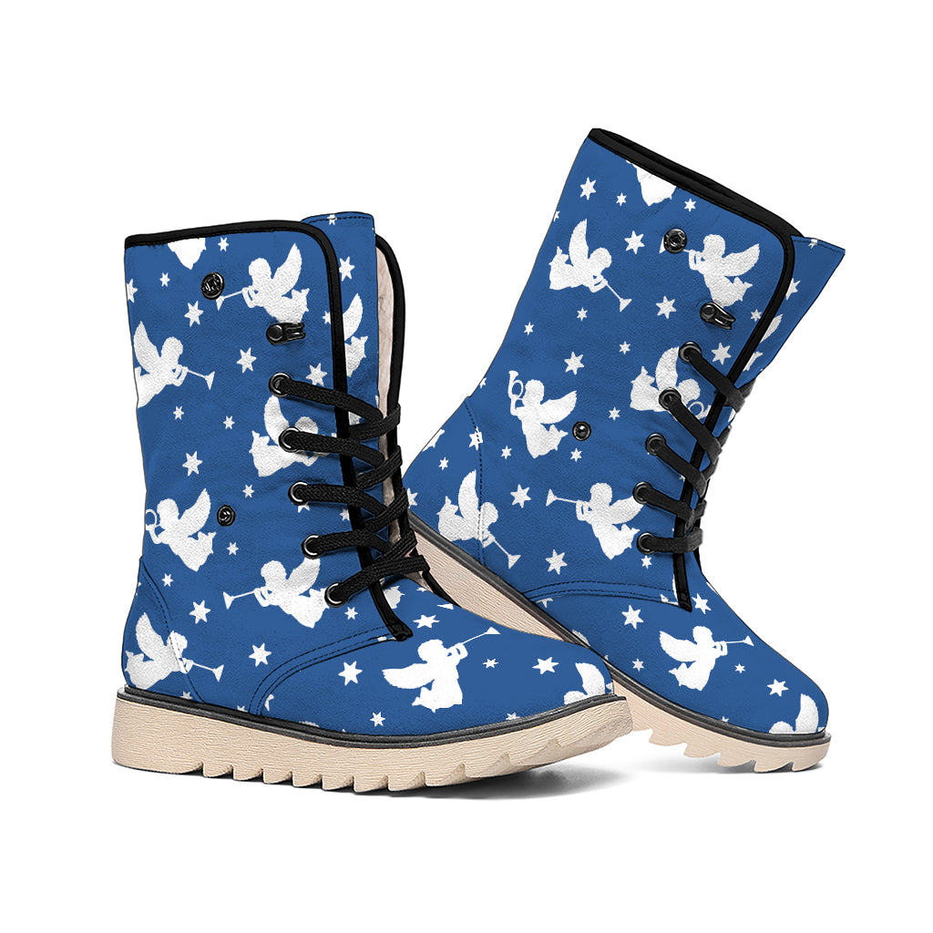 Blue And White Angel Pattern Print Winter Boots
