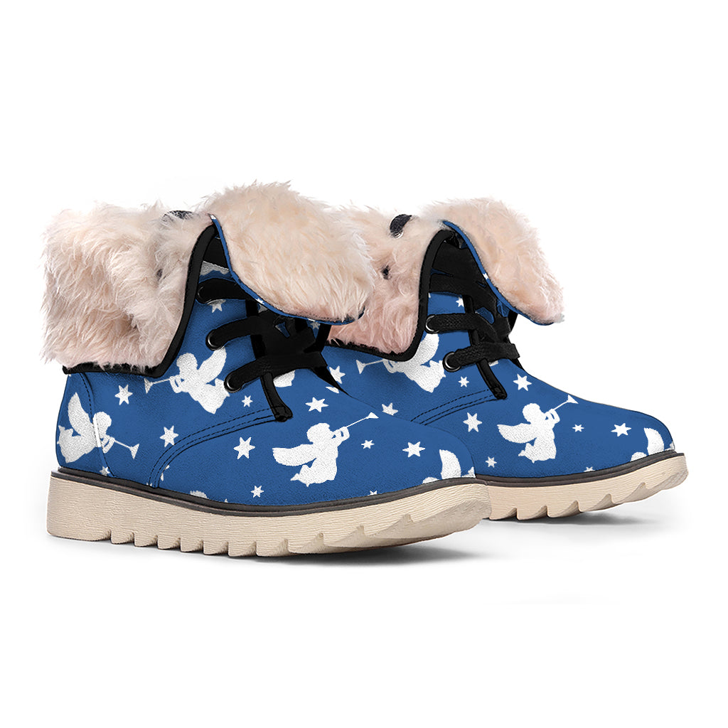 Blue And White Angel Pattern Print Winter Boots