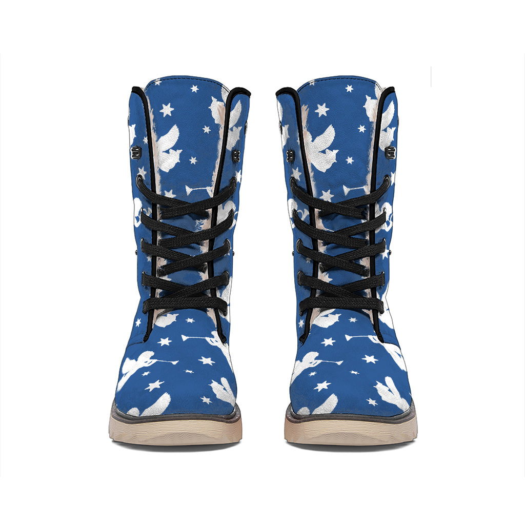Blue And White Angel Pattern Print Winter Boots