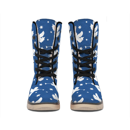 Blue And White Angel Pattern Print Winter Boots