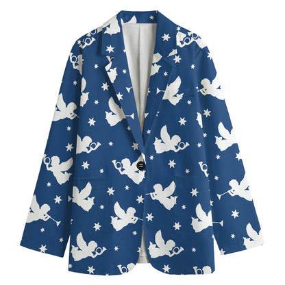 Blue And White Angel Pattern Print Women's Blazer