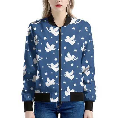 Blue And White Angel Pattern Print Women's Bomber Jacket