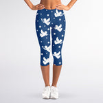 Blue And White Angel Pattern Print Women's Capri Leggings