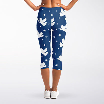 Blue And White Angel Pattern Print Women's Capri Leggings
