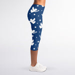 Blue And White Angel Pattern Print Women's Capri Leggings