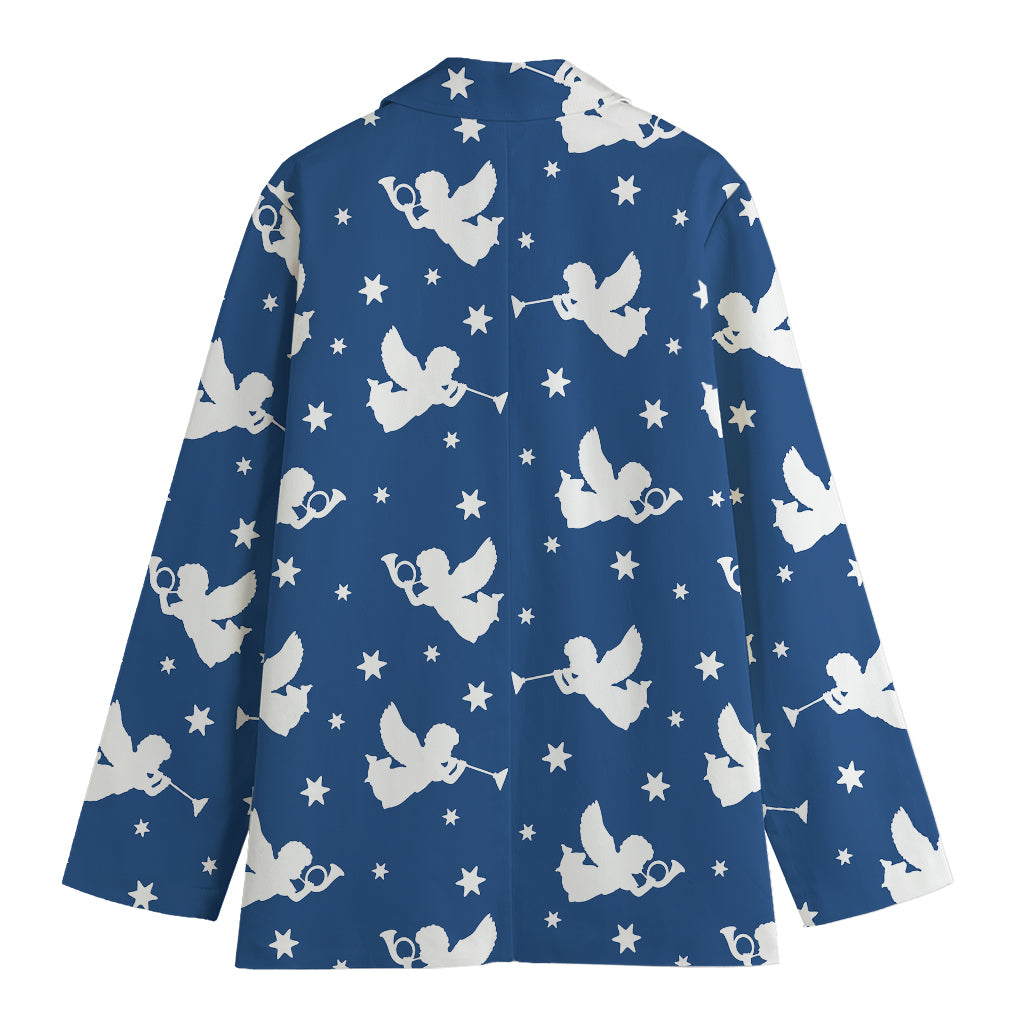Blue And White Angel Pattern Print Women's Cotton Blazer