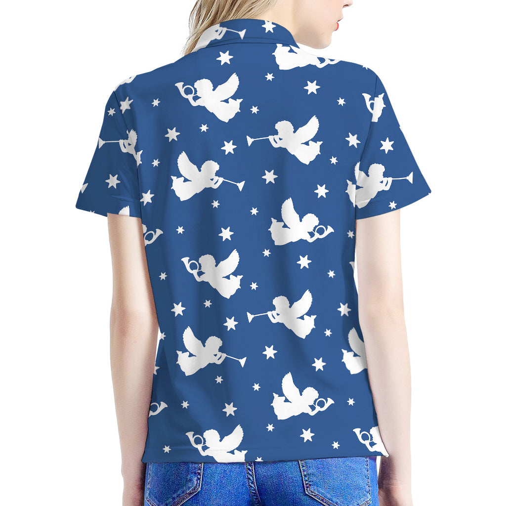 Blue And White Angel Pattern Print Women's Polo Shirt