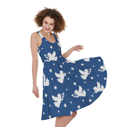 Blue And White Angel Pattern Print Women's Sleeveless Dress