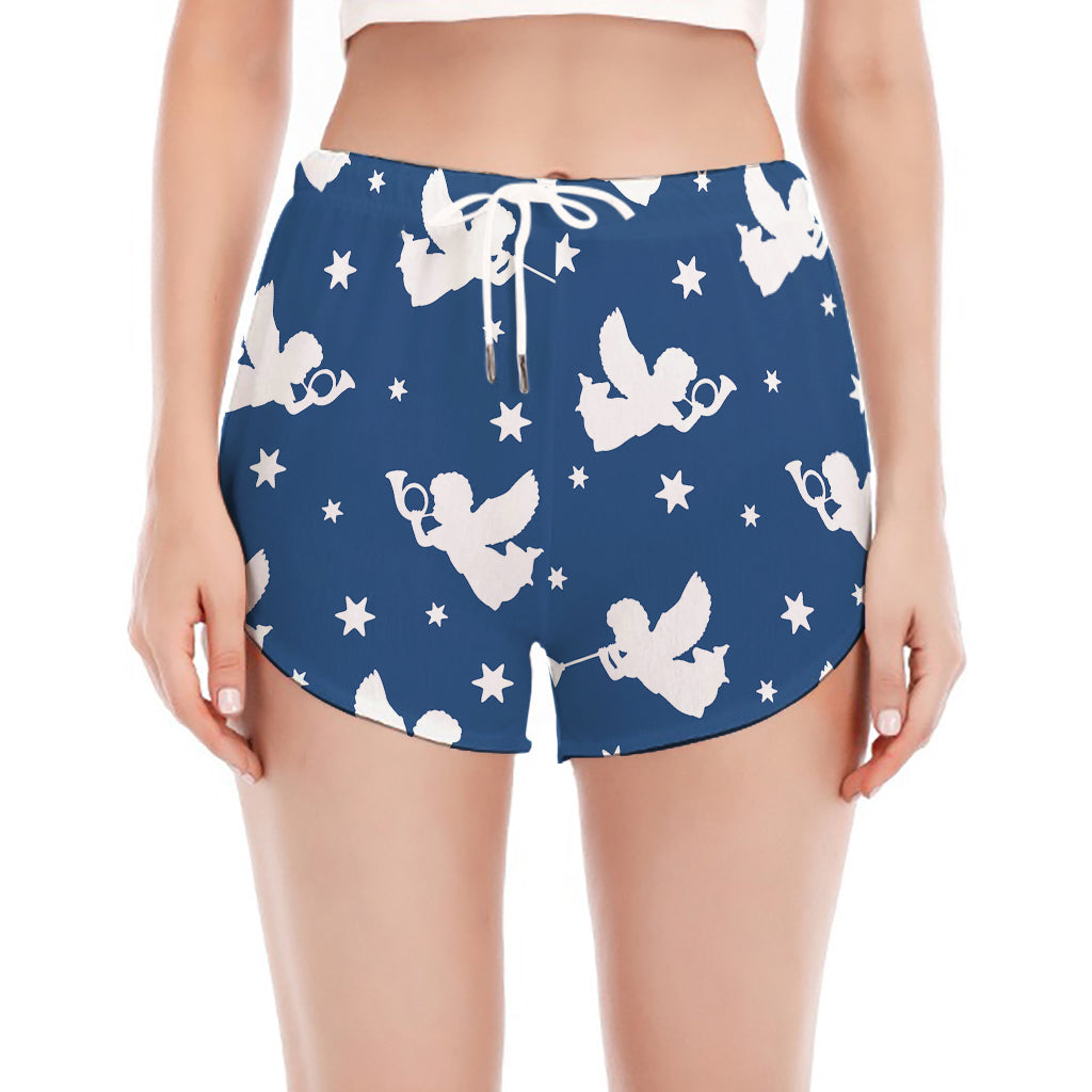 Blue And White Angel Pattern Print Women's Split Running Shorts
