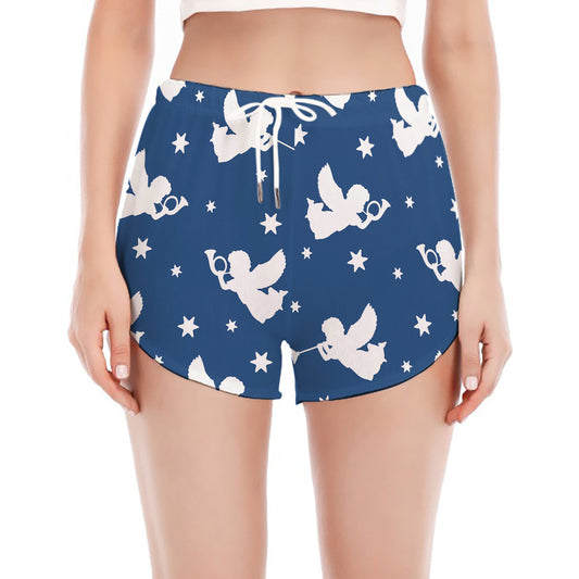 Blue And White Angel Pattern Print Women's Split Running Shorts