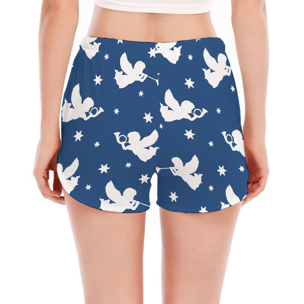 Blue And White Angel Pattern Print Women's Split Running Shorts