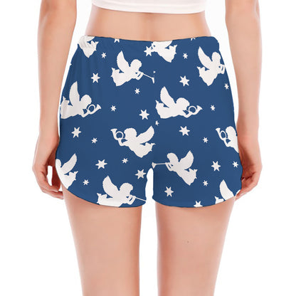 Blue And White Angel Pattern Print Women's Split Running Shorts