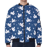 Blue And White Angel Pattern Print Zip Sleeve Bomber Jacket