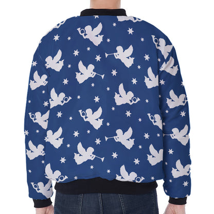 Blue And White Angel Pattern Print Zip Sleeve Bomber Jacket