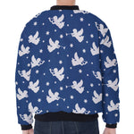 Blue And White Angel Pattern Print Zip Sleeve Bomber Jacket