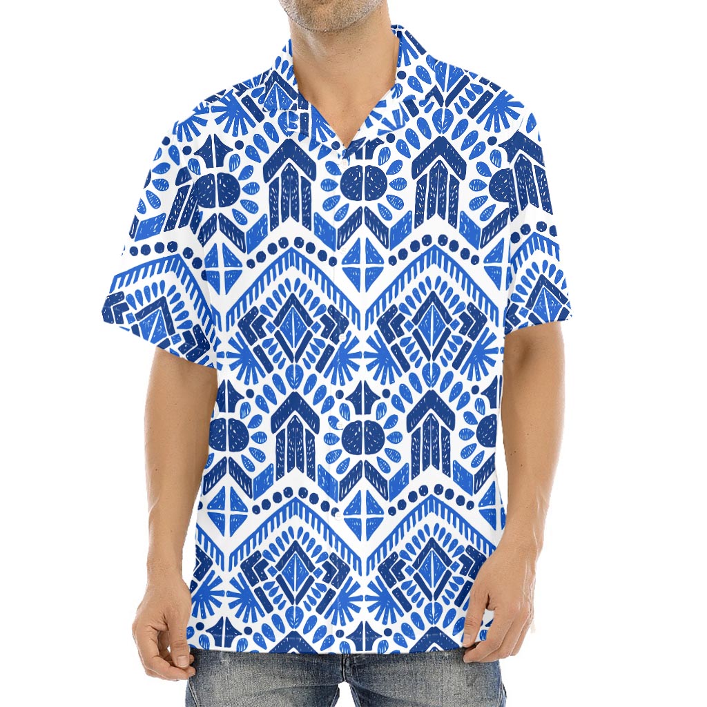 Blue And White Aztec Pattern Print Aloha Shirt