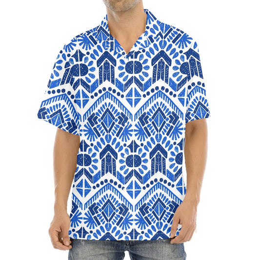 Blue And White Aztec Pattern Print Aloha Shirt