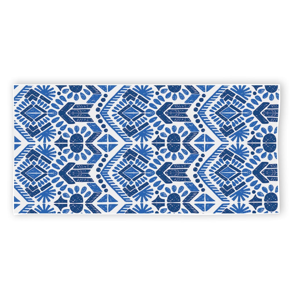 Blue And White Aztec Pattern Print Beach Towel