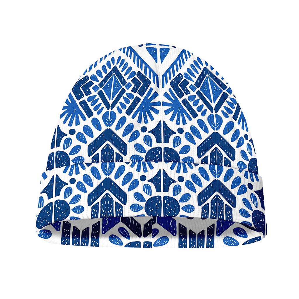 Blue And White Aztec Pattern Print Beanie