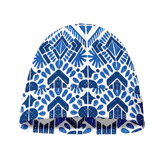 Blue And White Aztec Pattern Print Beanie