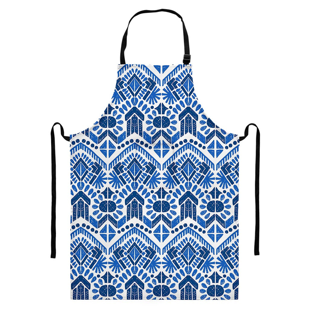 Blue And White Aztec Pattern Print Bib Apron With Pocket