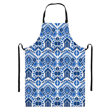 Blue And White Aztec Pattern Print Bib Apron With Pocket