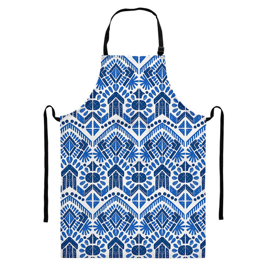Blue And White Aztec Pattern Print Bib Apron With Pocket