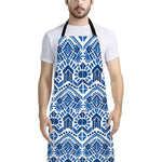 Blue And White Aztec Pattern Print Bib Apron With Pocket