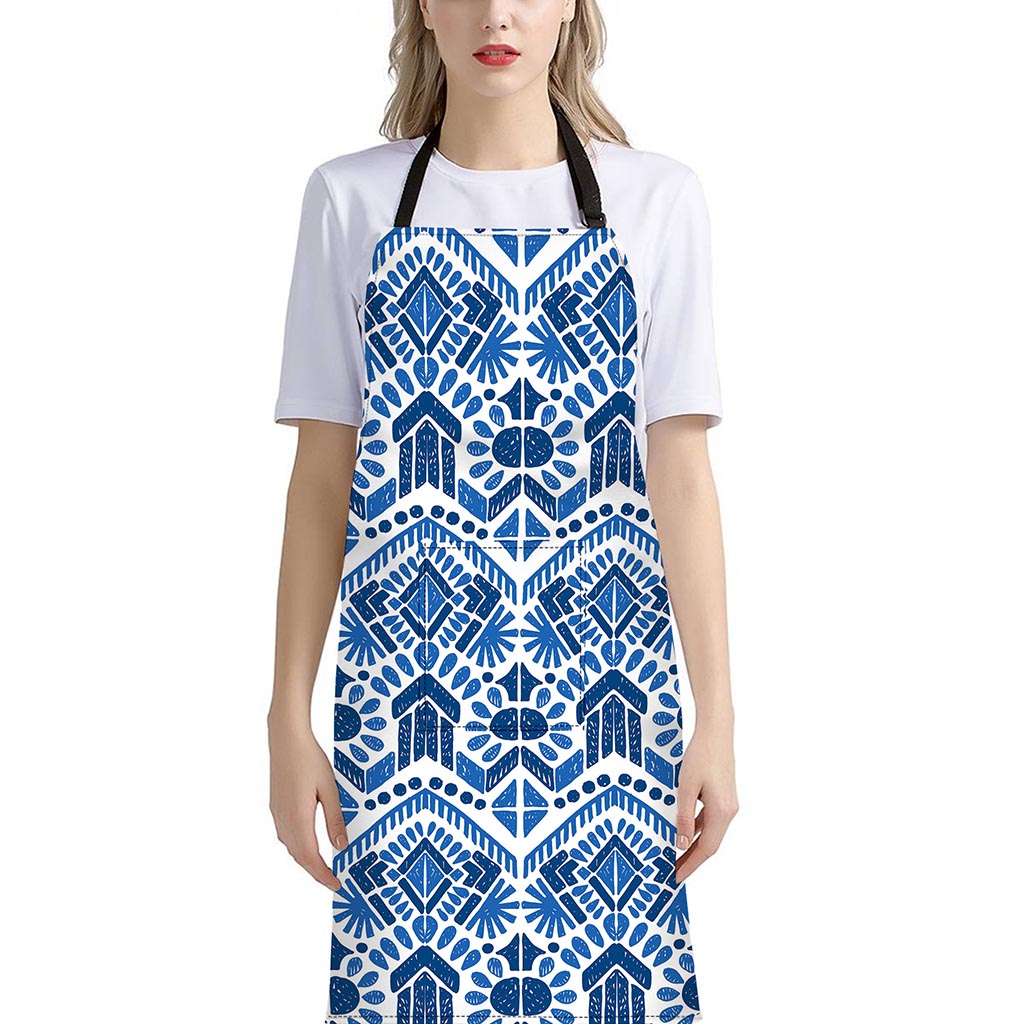 Blue And White Aztec Pattern Print Bib Apron With Pocket
