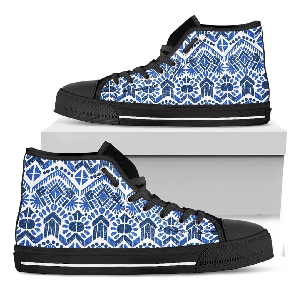 Blue And White Aztec Pattern Print Black High Top Sneakers